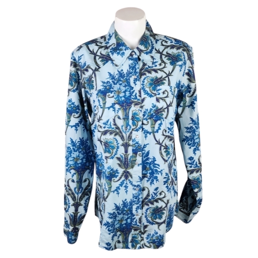 Roper Floral Pearl Snap Western Shirt Powder Blue Feminine Cowgirl Size Large